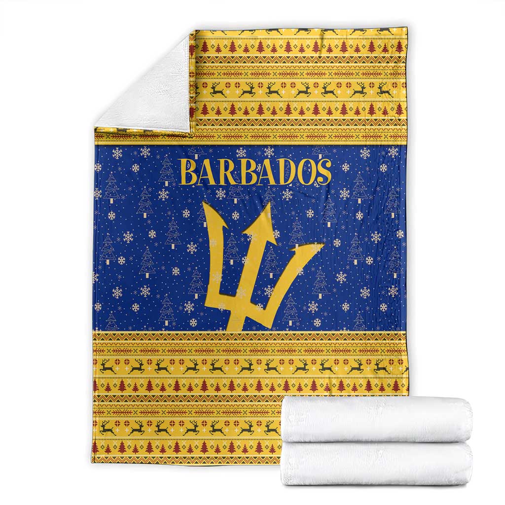 Barbados Christmas Blanket with Blue Yellow Xmas Trident Santa and Reindeer - Wonder Print Shop
