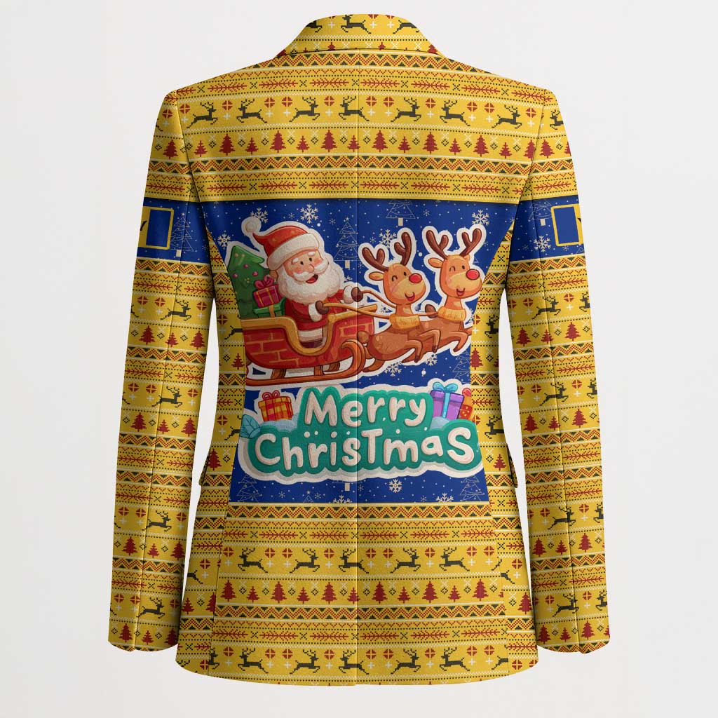 Barbados Christmas Blazer with Blue Yellow Xmas Trident Santa and Reindeer - Wonder Print Shop