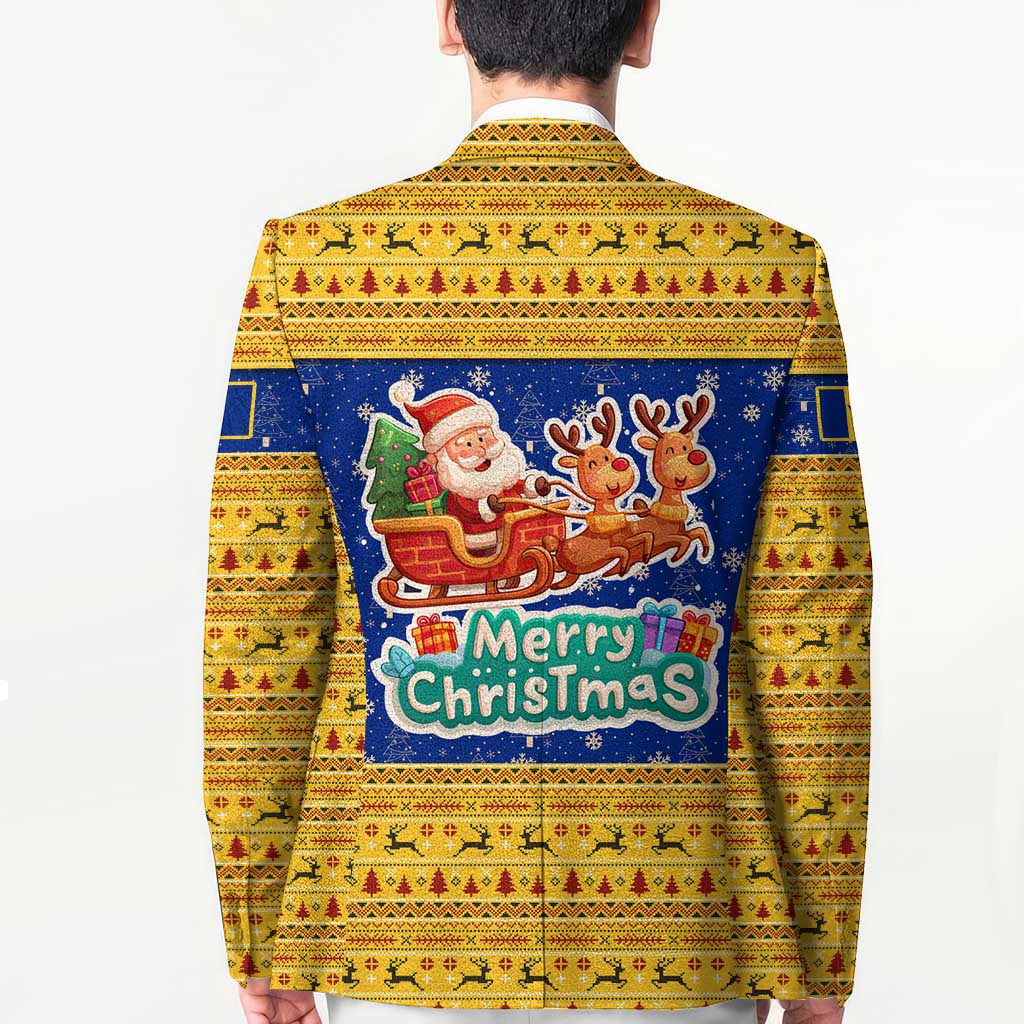Barbados Christmas Blazer with Blue Yellow Xmas Trident Santa and Reindeer - Wonder Print Shop