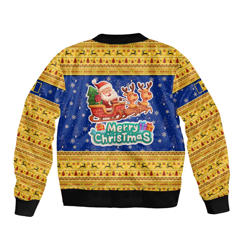 Barbados Christmas Bomber Jacket with Blue Yellow Xmas Trident Santa and Reindeer - Wonder Print Shop
