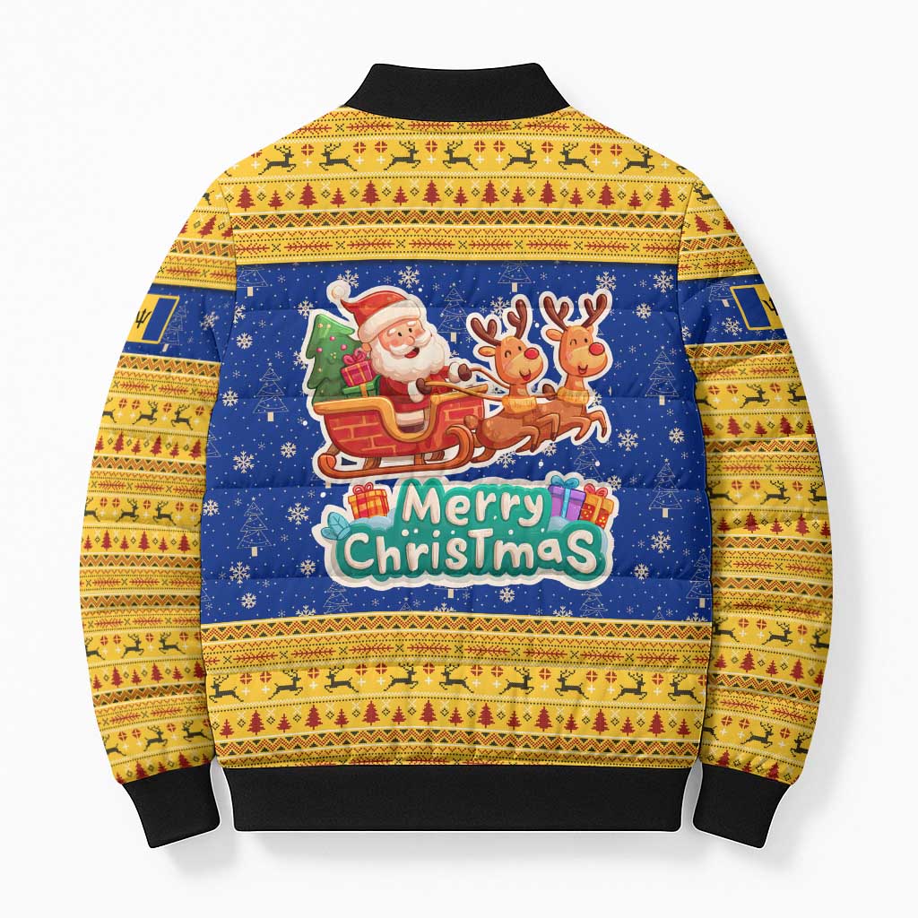 Barbados Christmas Bomber Puffer Jacket with Blue Yellow Xmas Trident Santa and Reindeer - Wonder Print Shop