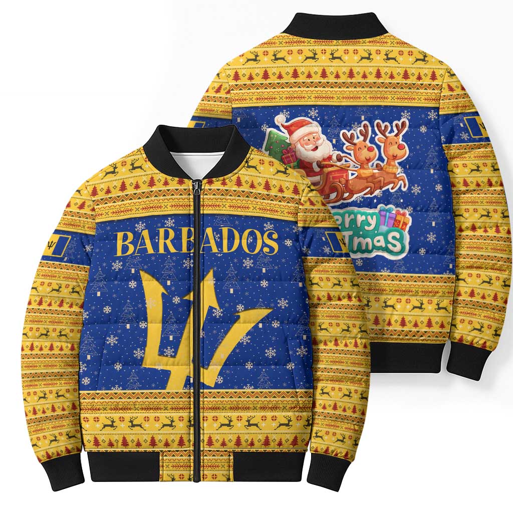 Barbados Christmas Bomber Puffer Jacket with Blue Yellow Xmas Trident Santa and Reindeer - Wonder Print Shop