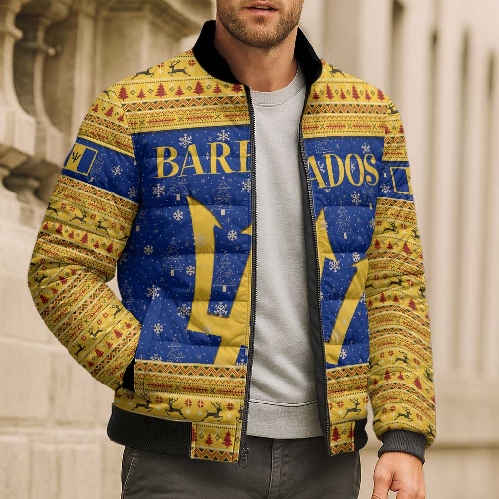 Barbados Christmas Bomber Puffer Jacket with Blue Yellow Xmas Trident Santa and Reindeer - Wonder Print Shop