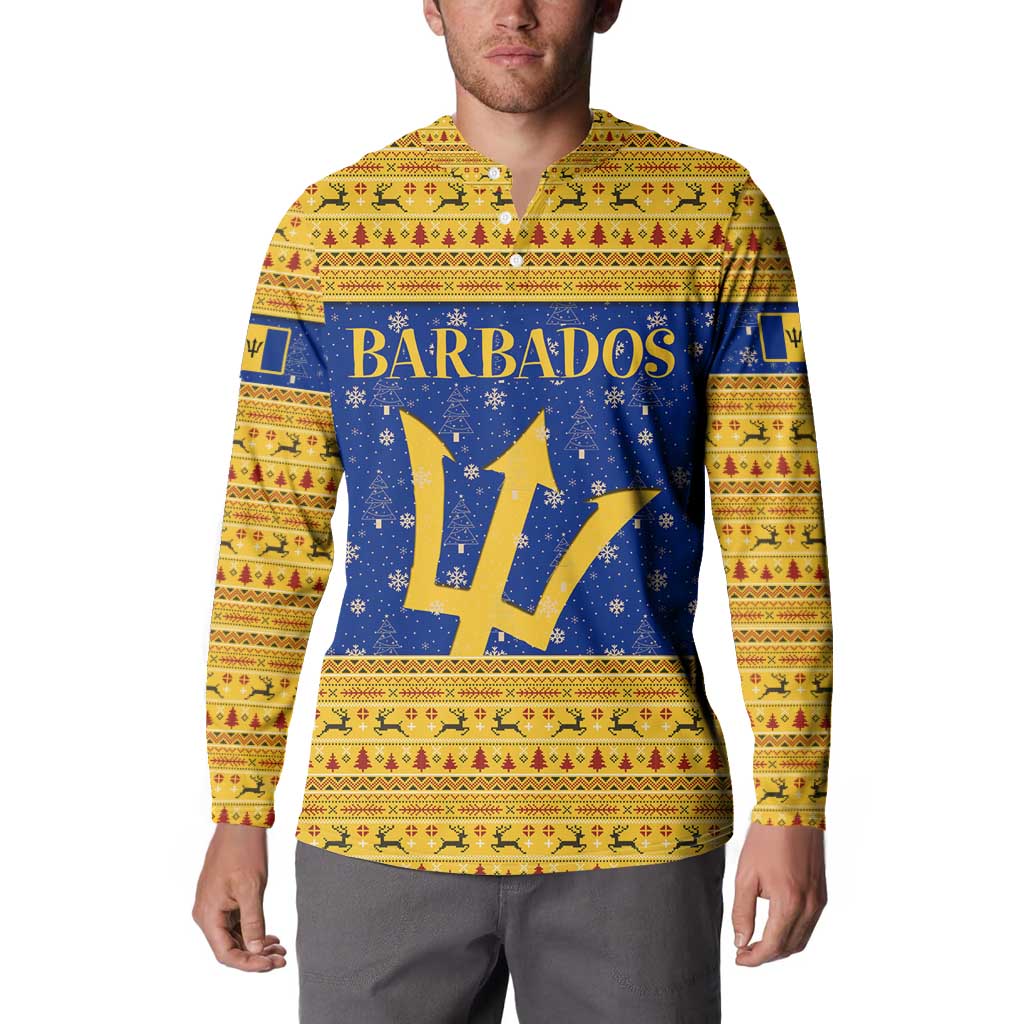 Barbados Christmas Button Sweatshirt with Blue Yellow Xmas Trident Santa and Reindeer - Wonder Print Shop