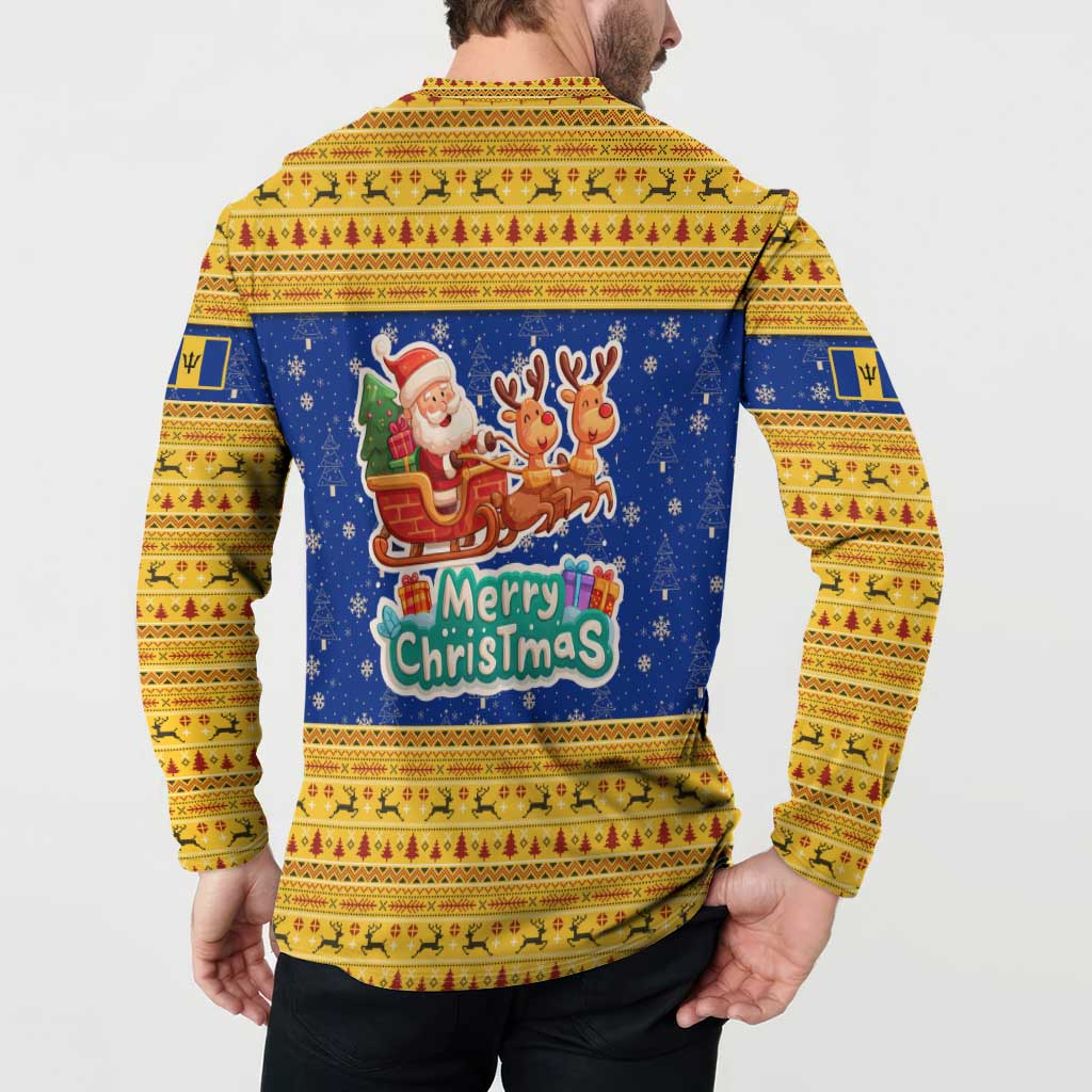 Barbados Christmas Button Sweatshirt with Blue Yellow Xmas Trident Santa and Reindeer - Wonder Print Shop
