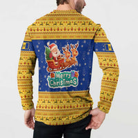 Barbados Christmas Button Sweatshirt with Blue Yellow Xmas Trident Santa and Reindeer - Wonder Print Shop