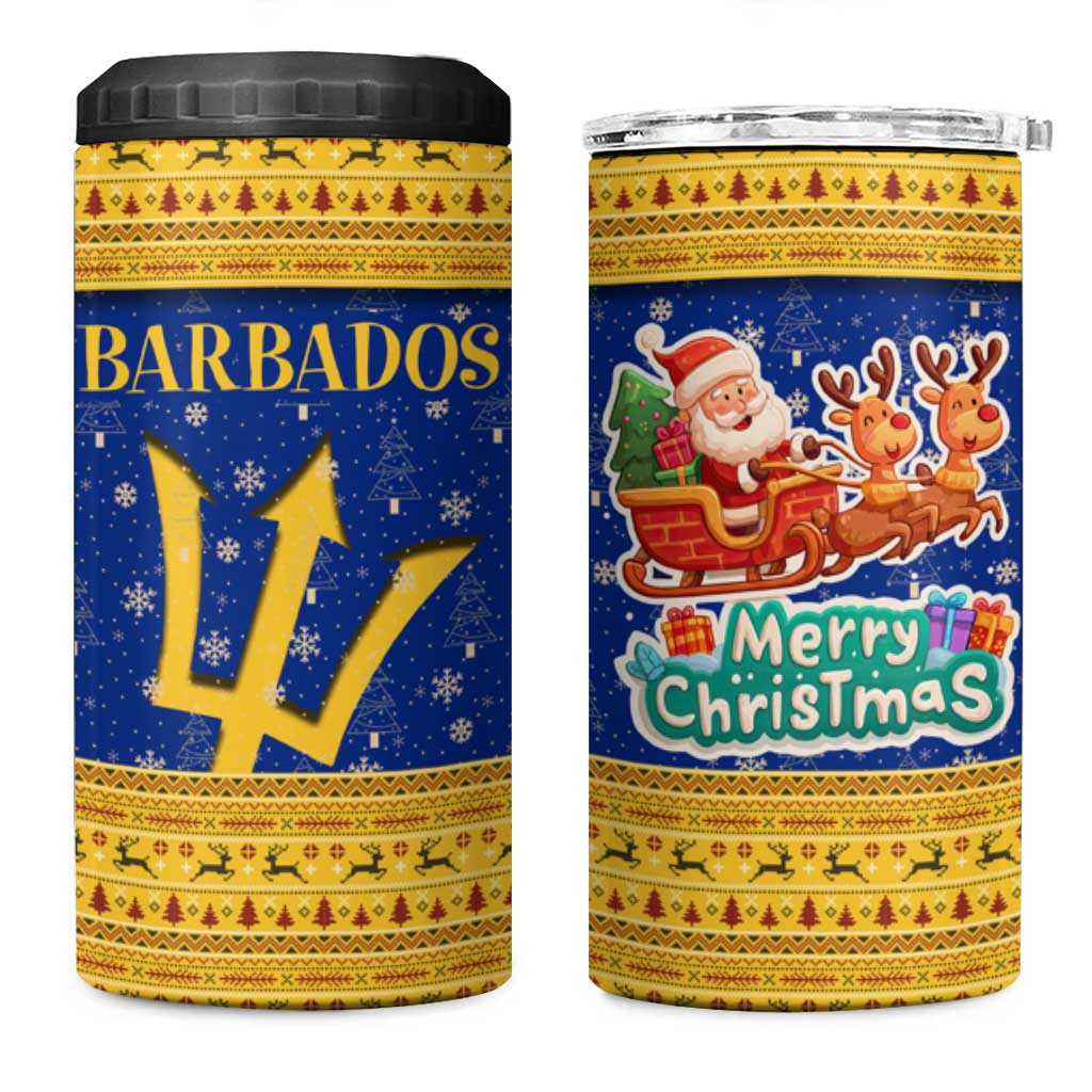 Barbados Christmas 4 in 1 Can Cooler Tumbler with Blue Yellow Xmas Trident Santa and Reindeer - Wonder Print Shop