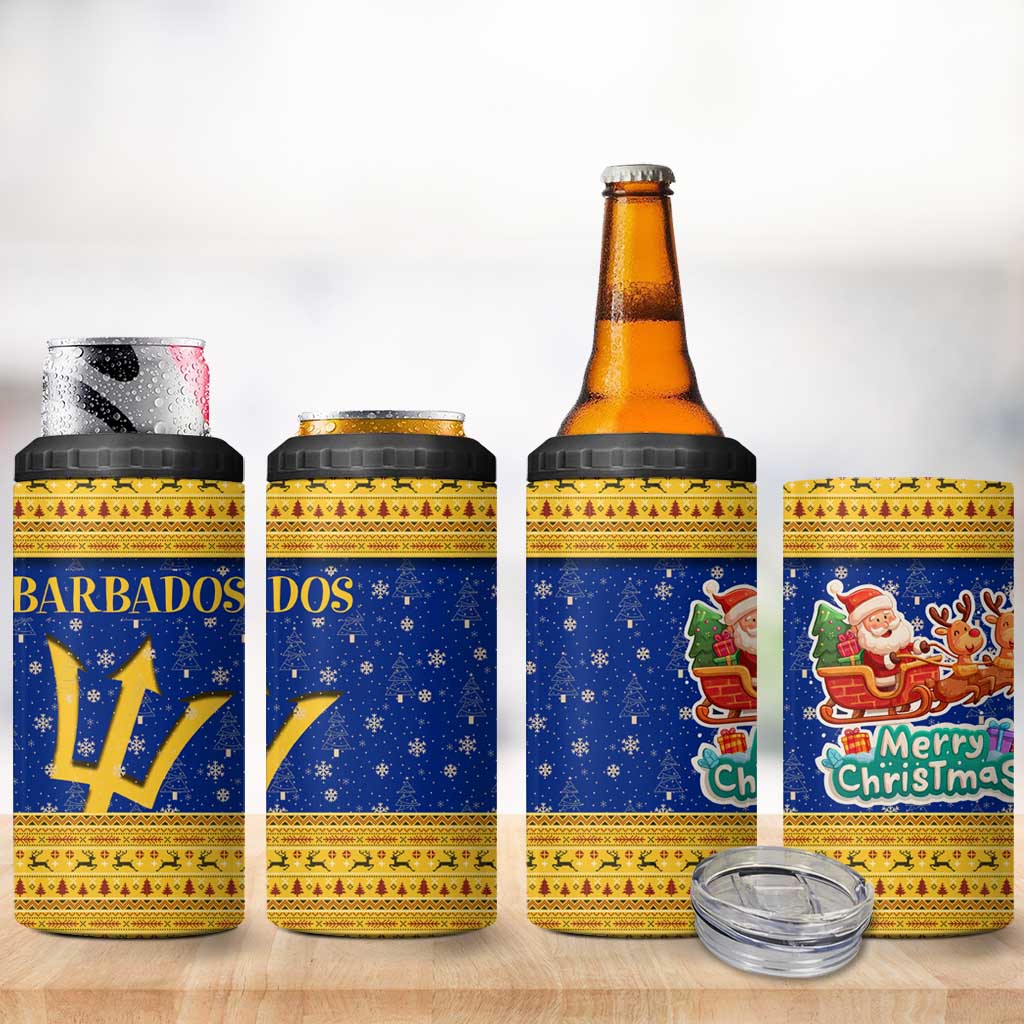Barbados Christmas 4 in 1 Can Cooler Tumbler with Blue Yellow Xmas Trident Santa and Reindeer - Wonder Print Shop
