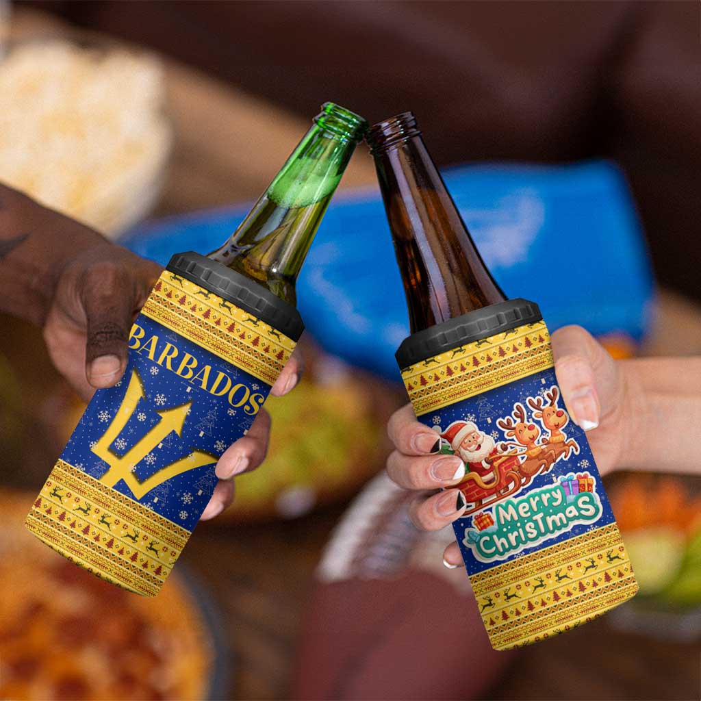 Barbados Christmas 4 in 1 Can Cooler Tumbler with Blue Yellow Xmas Trident Santa and Reindeer - Wonder Print Shop