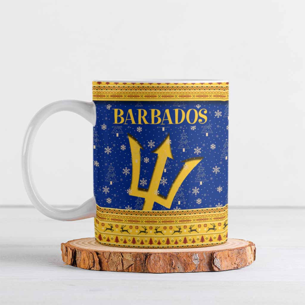 Barbados Christmas Ceramic Mug with Blue Yellow Xmas Trident Santa and Reindeer - Wonder Print Shop