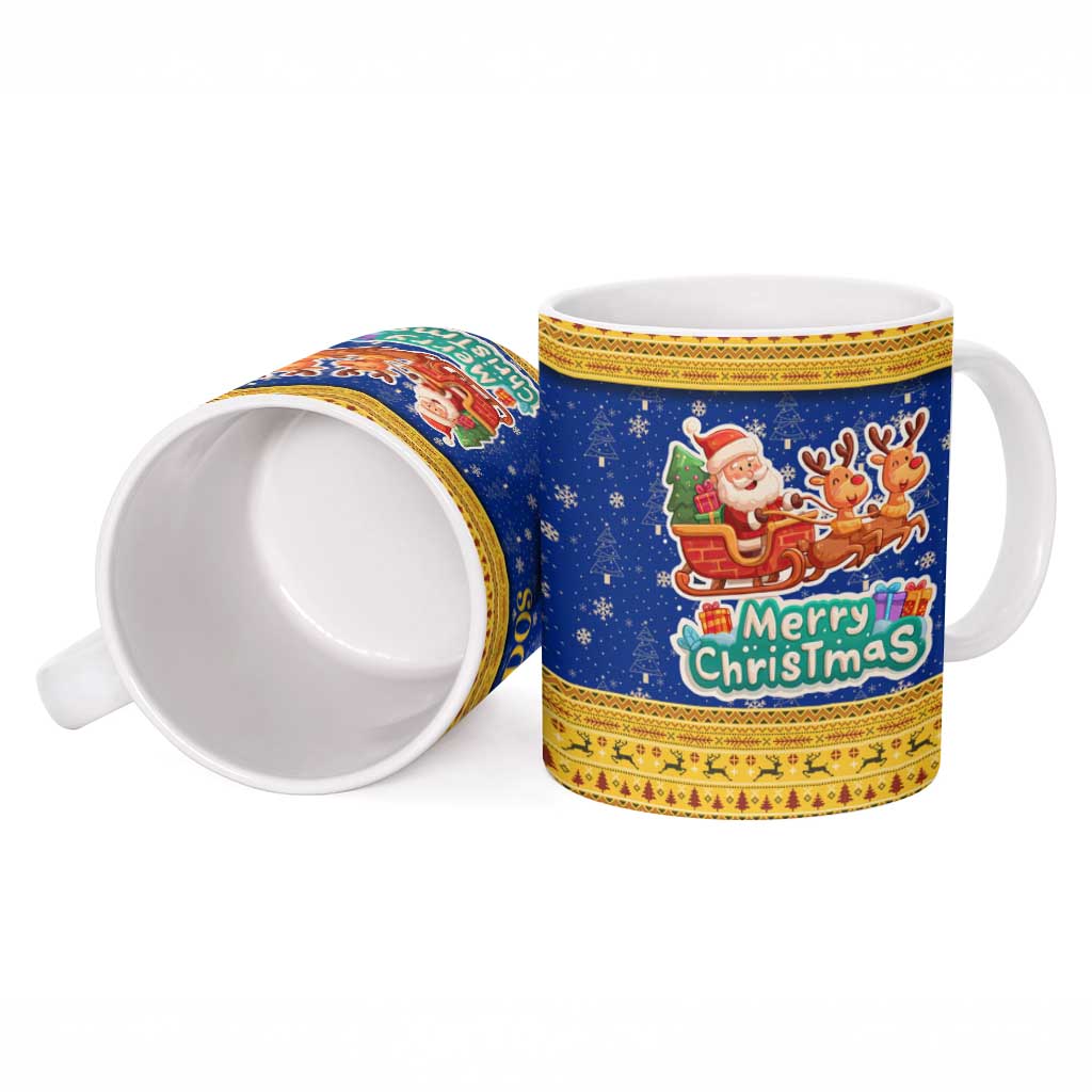 Barbados Christmas Ceramic Mug with Blue Yellow Xmas Trident Santa and Reindeer - Wonder Print Shop