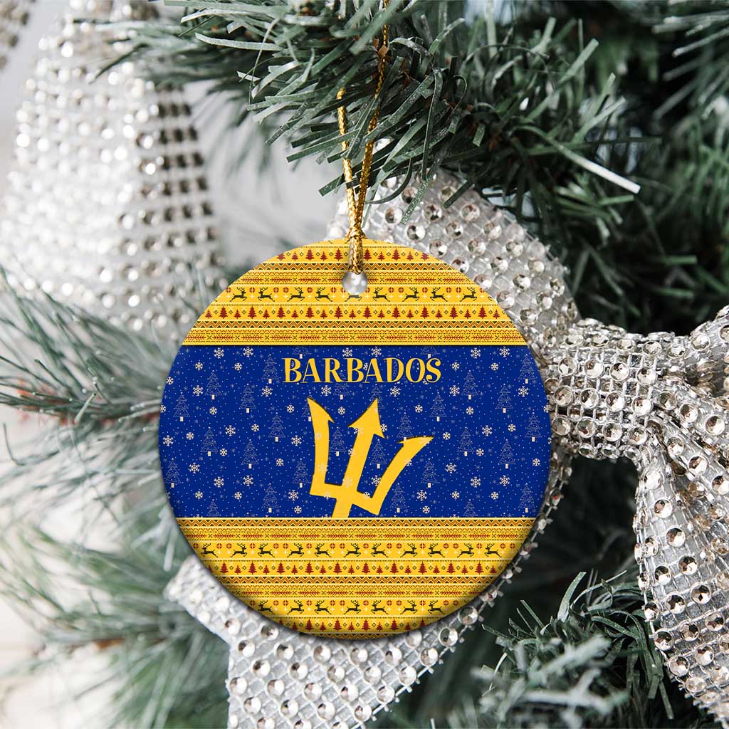 Barbados Christmas Ceramic Ornament with Blue Yellow Xmas Trident Santa and Reindeer - Wonder Print Shop