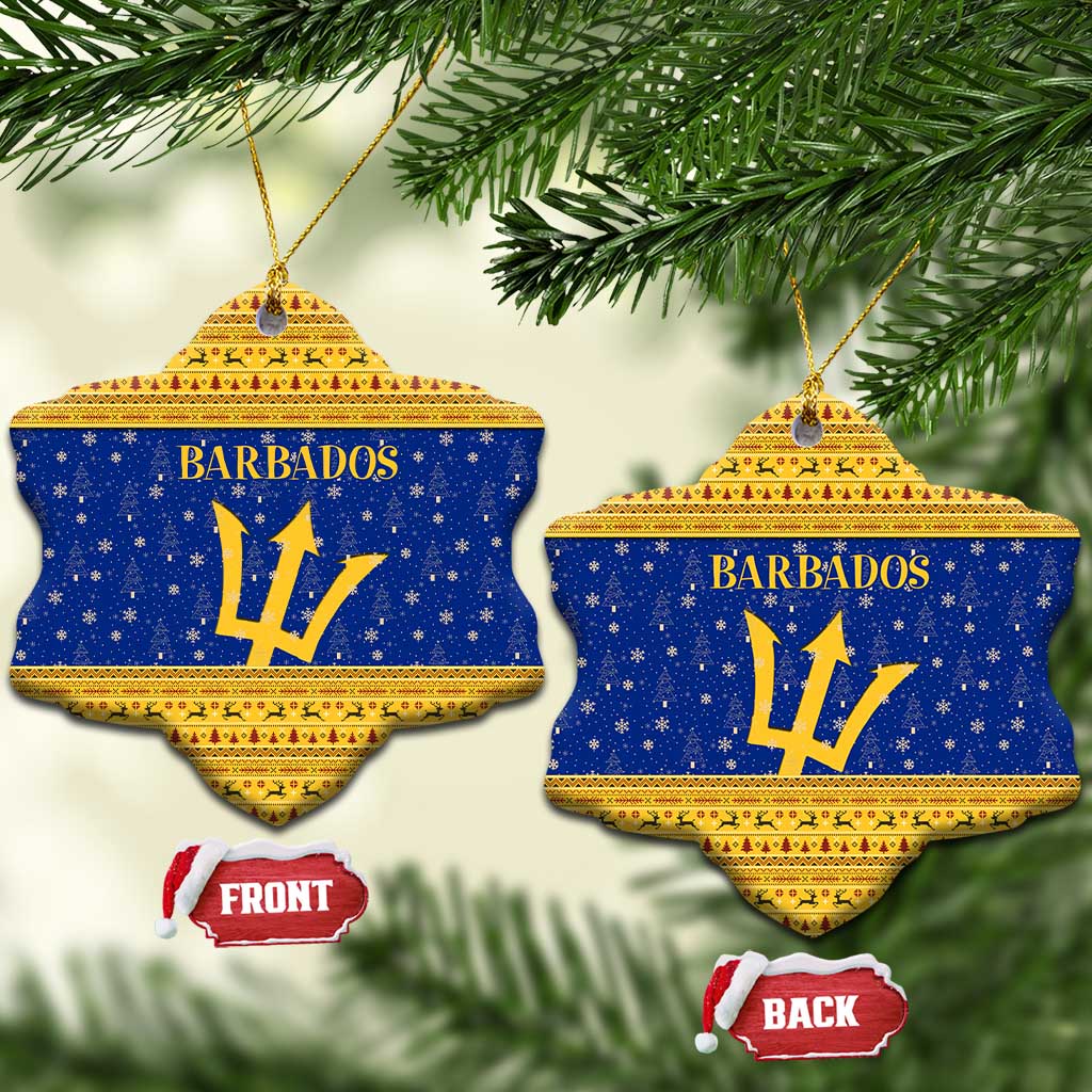 Barbados Christmas Ceramic Ornament with Blue Yellow Xmas Trident Santa and Reindeer - Wonder Print Shop
