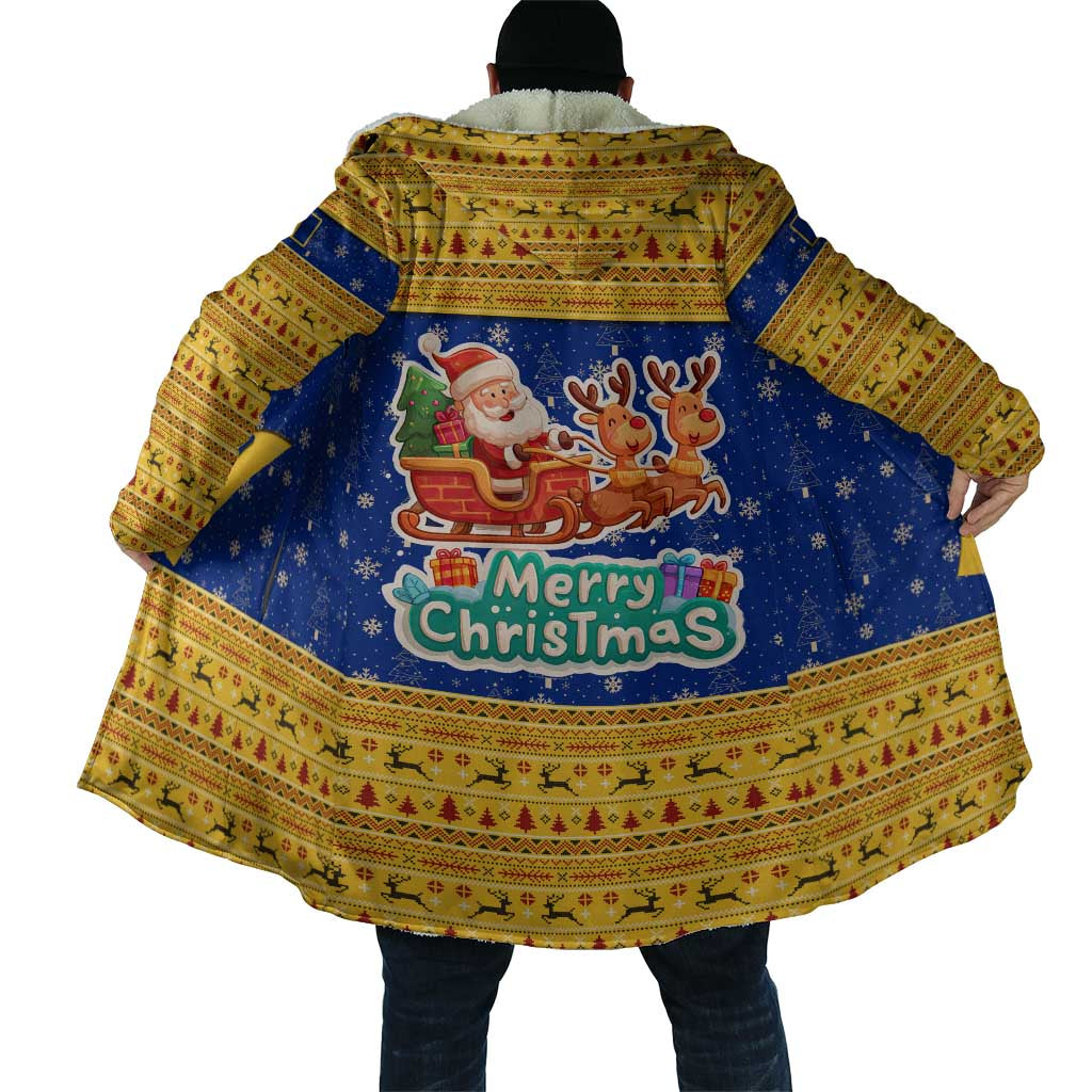 Barbados Christmas Cloak with Blue Yellow Xmas Trident Santa and Reindeer - Wonder Print Shop