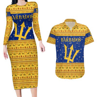 Barbados Christmas Couples Matching Long Sleeve Bodycon Dress and Hawaiian Shirt with Blue Yellow Xmas Trident Santa and Reindeer - Wonder Print Shop