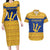 Barbados Christmas Couples Matching Long Sleeve Bodycon Dress and Hawaiian Shirt with Blue Yellow Xmas Trident Santa and Reindeer - Wonder Print Shop
