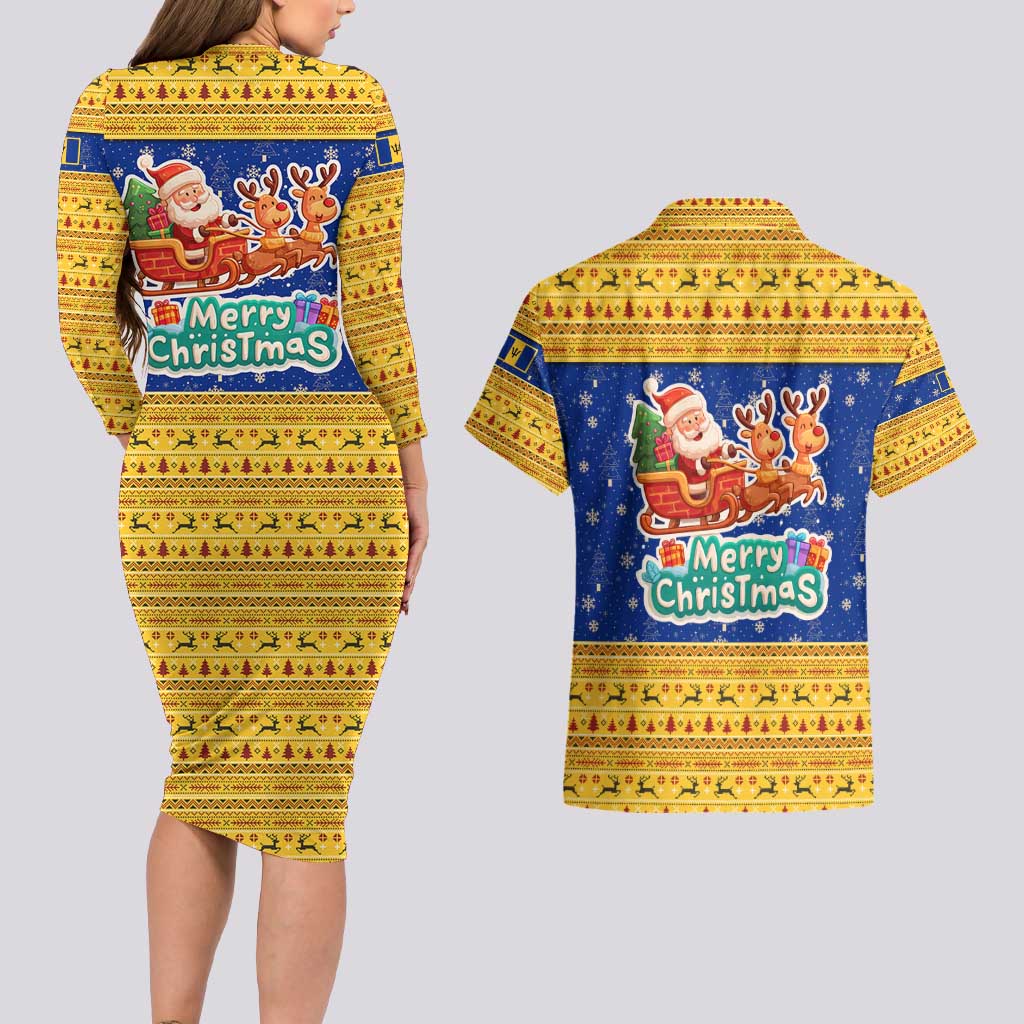 Barbados Christmas Couples Matching Long Sleeve Bodycon Dress and Hawaiian Shirt with Blue Yellow Xmas Trident Santa and Reindeer - Wonder Print Shop