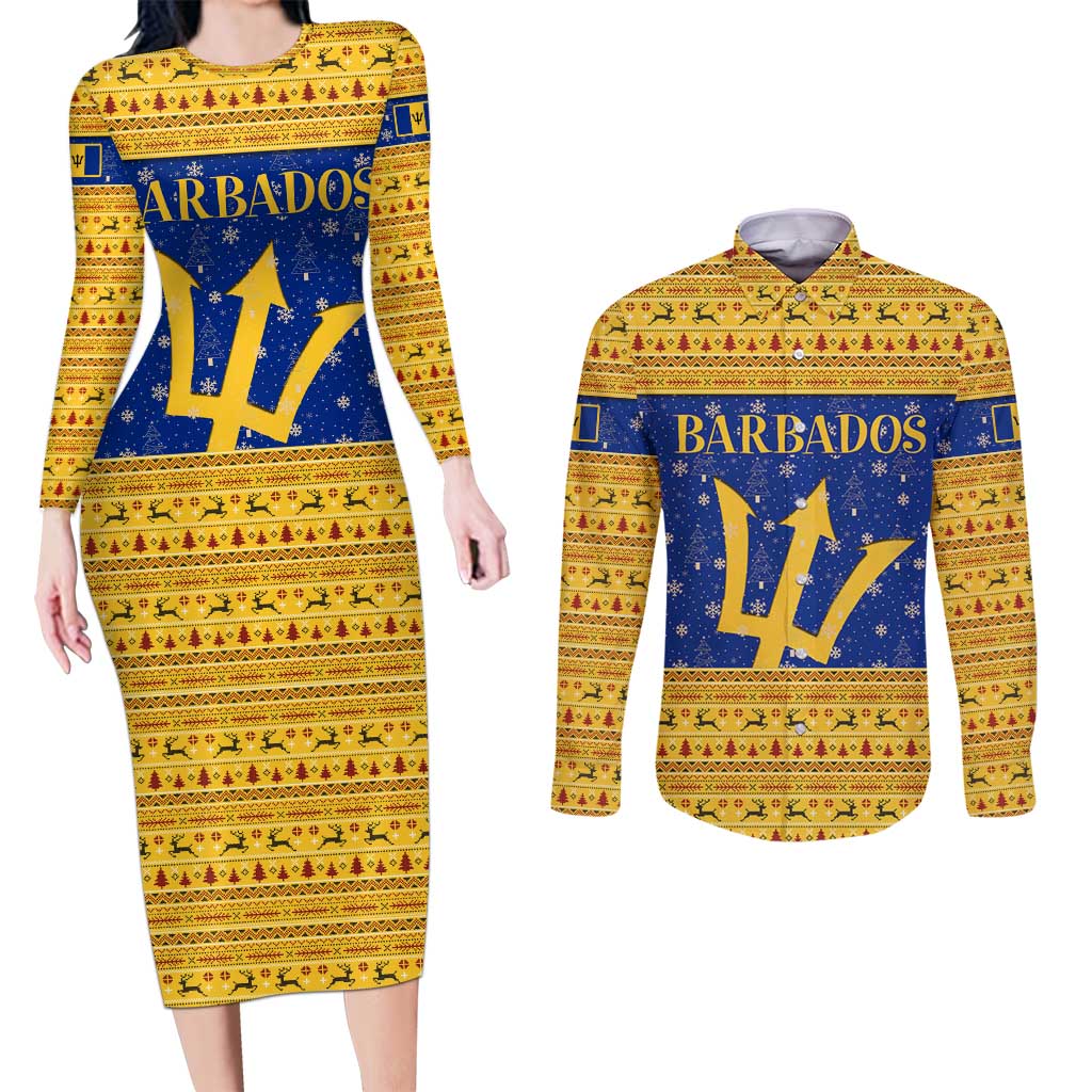 Barbados Christmas Couples Matching Long Sleeve Bodycon Dress and Long Sleeve Button Shirt with Blue Yellow Xmas Trident Santa and Reindeer - Wonder Print Shop