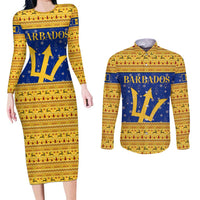 Barbados Christmas Couples Matching Long Sleeve Bodycon Dress and Long Sleeve Button Shirt with Blue Yellow Xmas Trident Santa and Reindeer - Wonder Print Shop