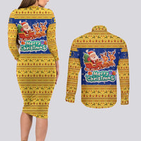 Barbados Christmas Couples Matching Long Sleeve Bodycon Dress and Long Sleeve Button Shirt with Blue Yellow Xmas Trident Santa and Reindeer - Wonder Print Shop