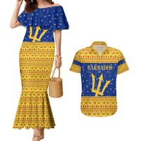 Barbados Christmas Couples Matching Mermaid Dress and Hawaiian Shirt with Blue Yellow Xmas Trident Santa and Reindeer - Wonder Print Shop