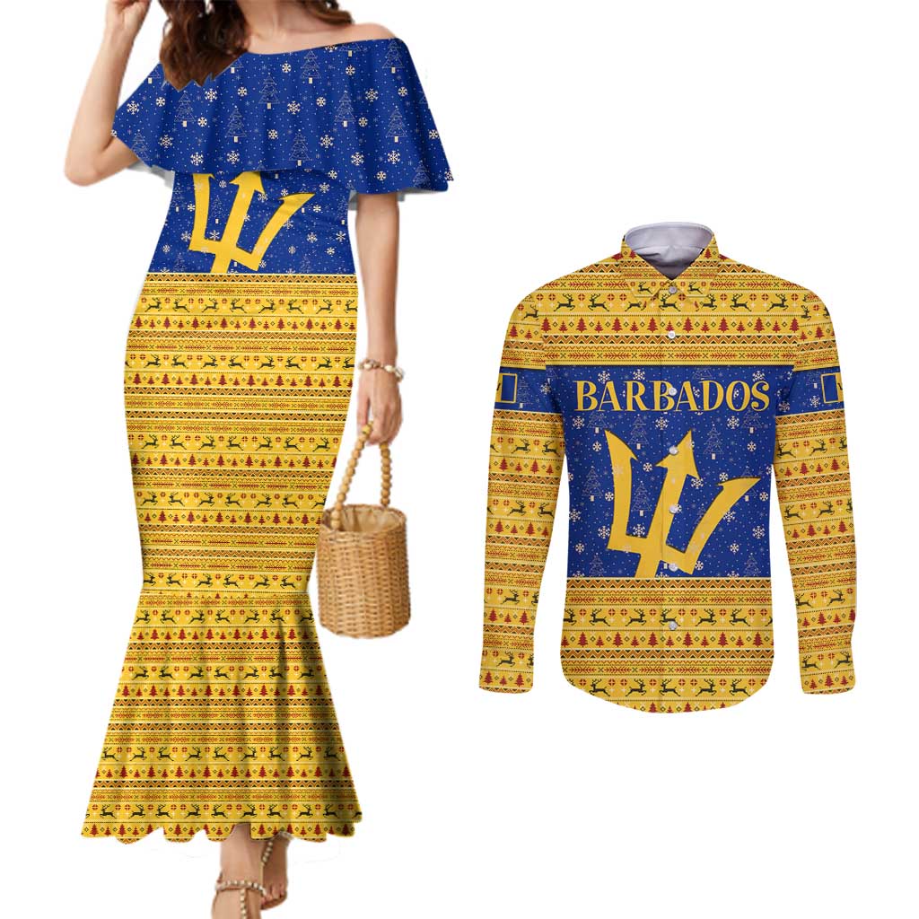Barbados Christmas Couples Matching Mermaid Dress and Long Sleeve Button Shirt with Blue Yellow Xmas Trident Santa and Reindeer - Wonder Print Shop