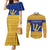 Barbados Christmas Couples Matching Mermaid Dress and Long Sleeve Button Shirt with Blue Yellow Xmas Trident Santa and Reindeer - Wonder Print Shop