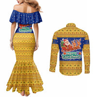 Barbados Christmas Couples Matching Mermaid Dress and Long Sleeve Button Shirt with Blue Yellow Xmas Trident Santa and Reindeer - Wonder Print Shop