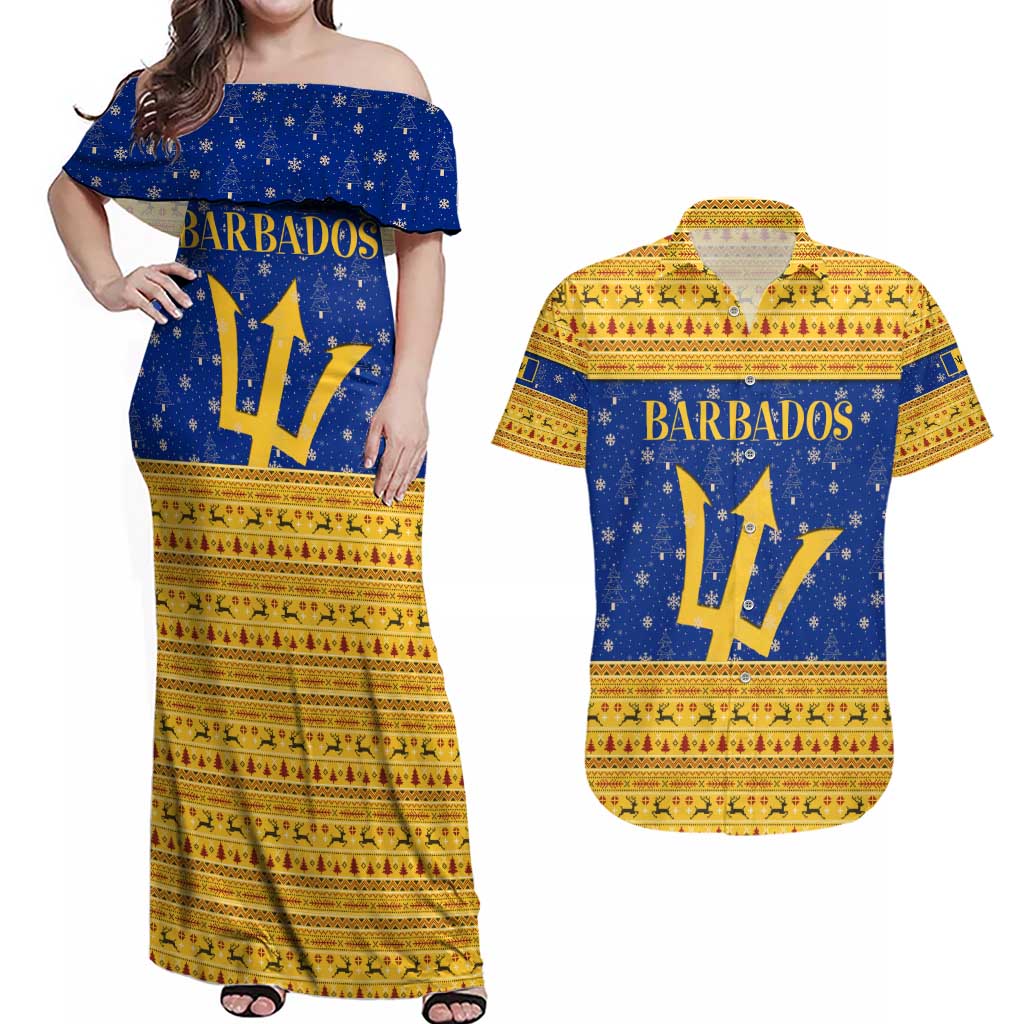 Barbados Christmas Couples Matching Off Shoulder Maxi Dress and Hawaiian Shirt with Blue Yellow Xmas Trident Santa and Reindeer - Wonder Print Shop