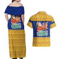Barbados Christmas Couples Matching Off Shoulder Maxi Dress and Hawaiian Shirt with Blue Yellow Xmas Trident Santa and Reindeer - Wonder Print Shop