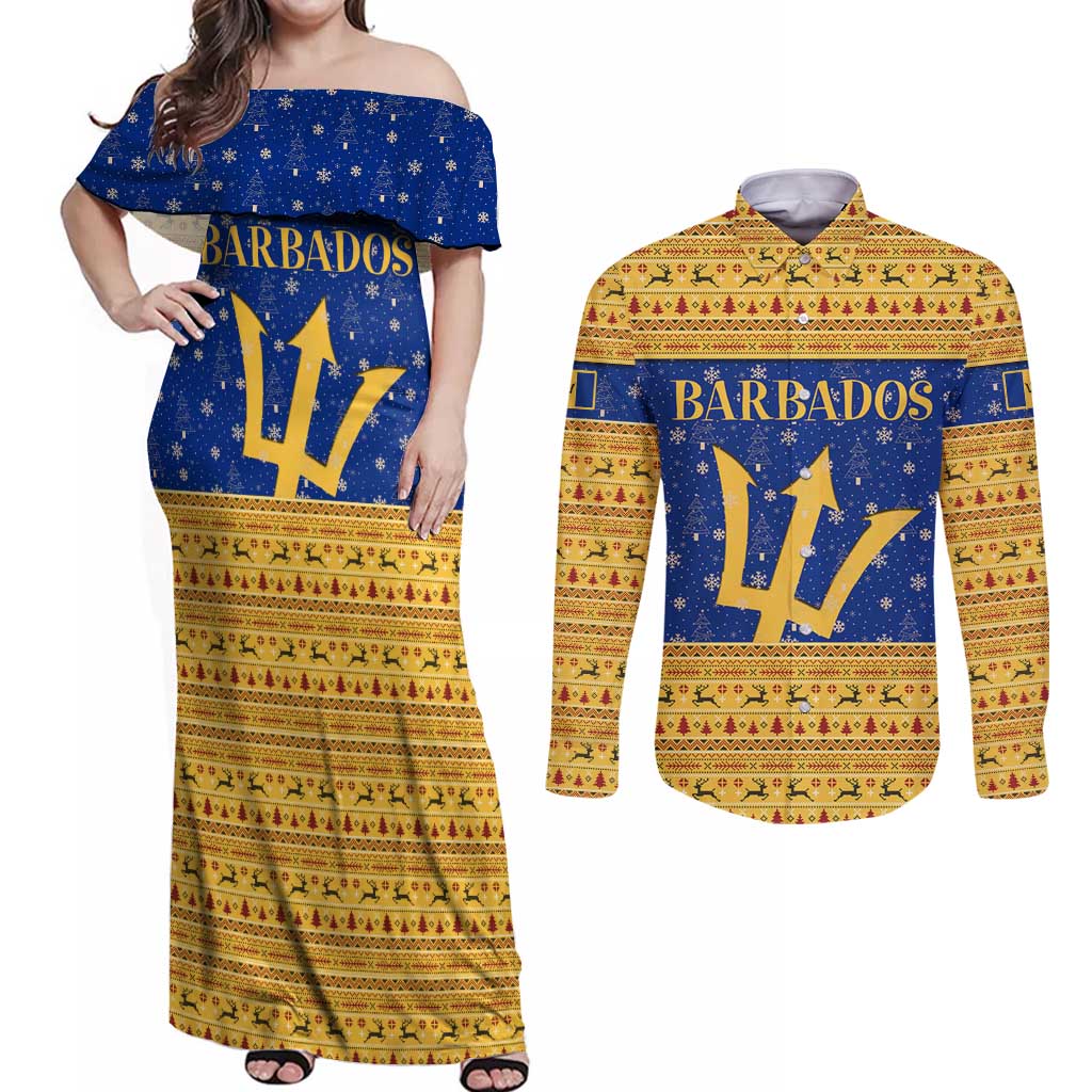 Barbados Christmas Couples Matching Off Shoulder Maxi Dress and Long Sleeve Button Shirt with Blue Yellow Xmas Trident Santa and Reindeer - Wonder Print Shop