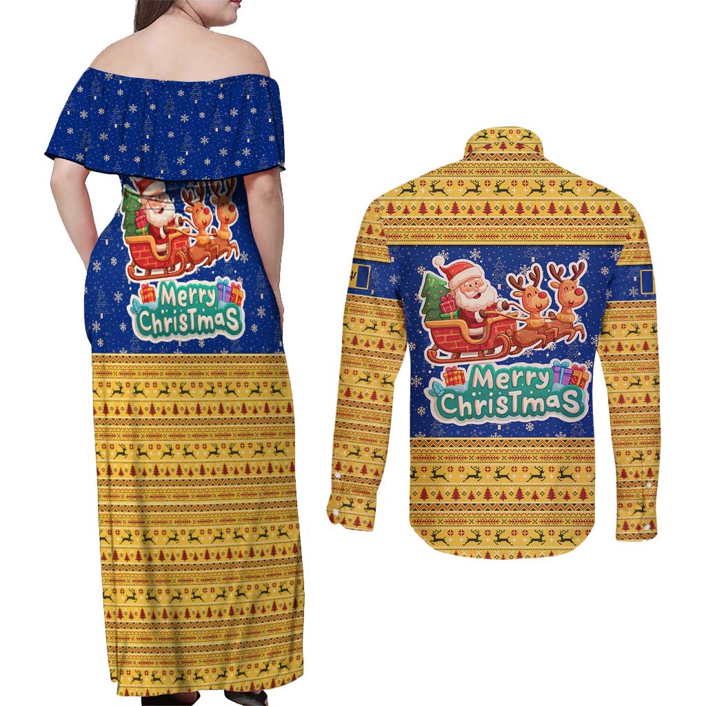 Barbados Christmas Couples Matching Off Shoulder Maxi Dress and Long Sleeve Button Shirt with Blue Yellow Xmas Trident Santa and Reindeer - Wonder Print Shop