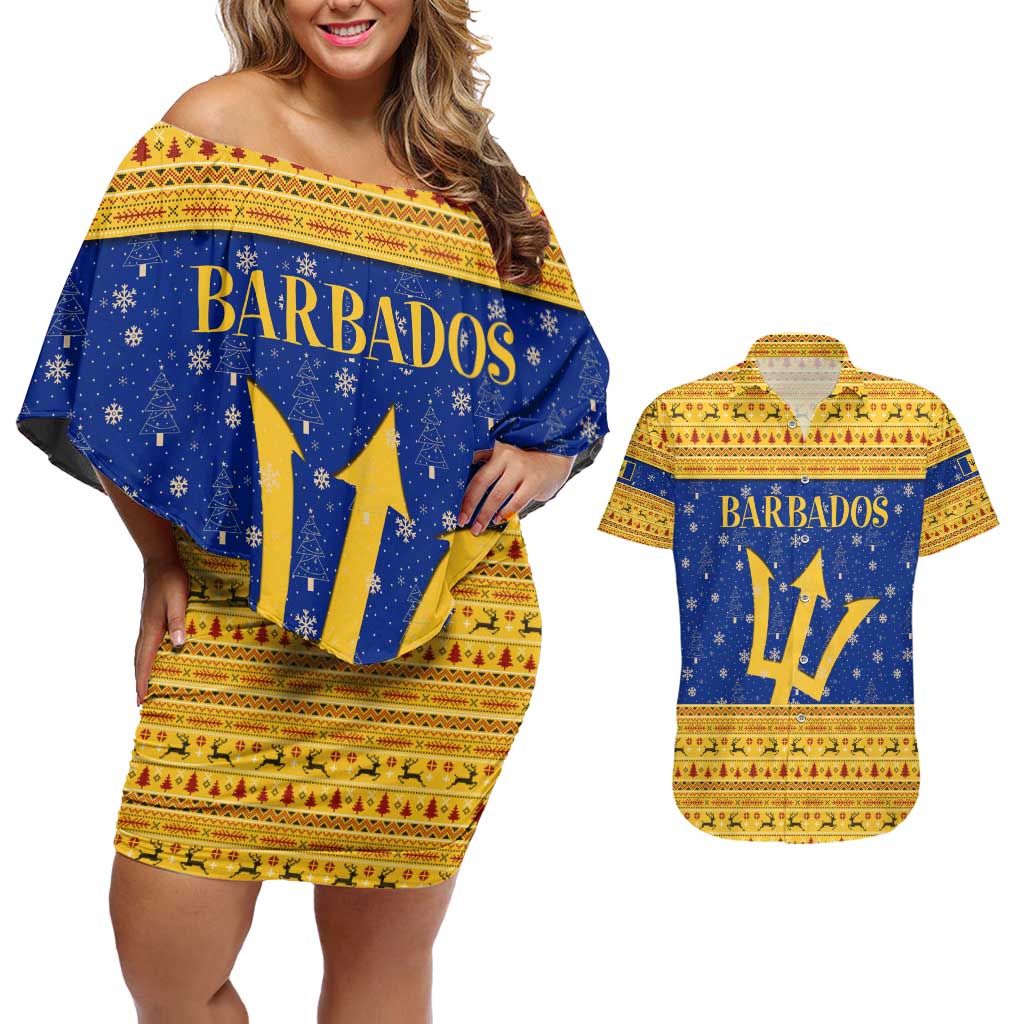 Barbados Christmas Couples Matching Off Shoulder Short Dress and Hawaiian Shirt with Blue Yellow Xmas Trident Santa and Reindeer - Wonder Print Shop