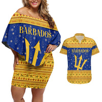 Barbados Christmas Couples Matching Off Shoulder Short Dress and Hawaiian Shirt with Blue Yellow Xmas Trident Santa and Reindeer - Wonder Print Shop