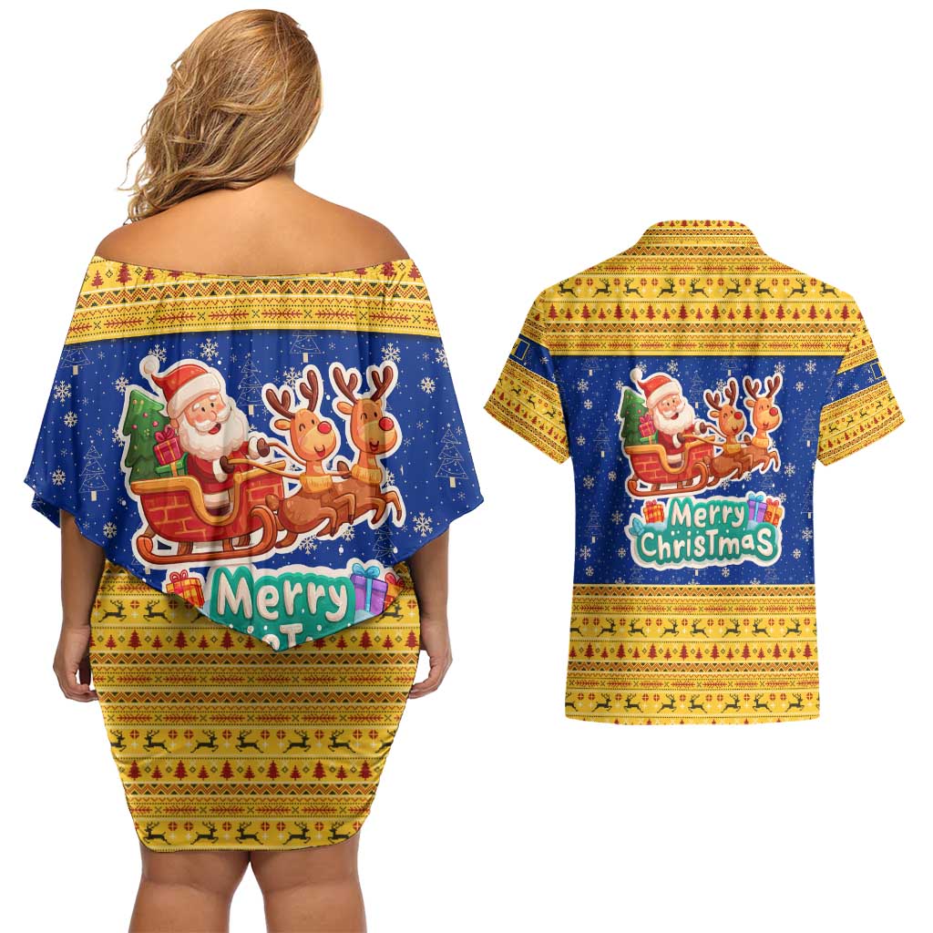 Barbados Christmas Couples Matching Off Shoulder Short Dress and Hawaiian Shirt with Blue Yellow Xmas Trident Santa and Reindeer - Wonder Print Shop
