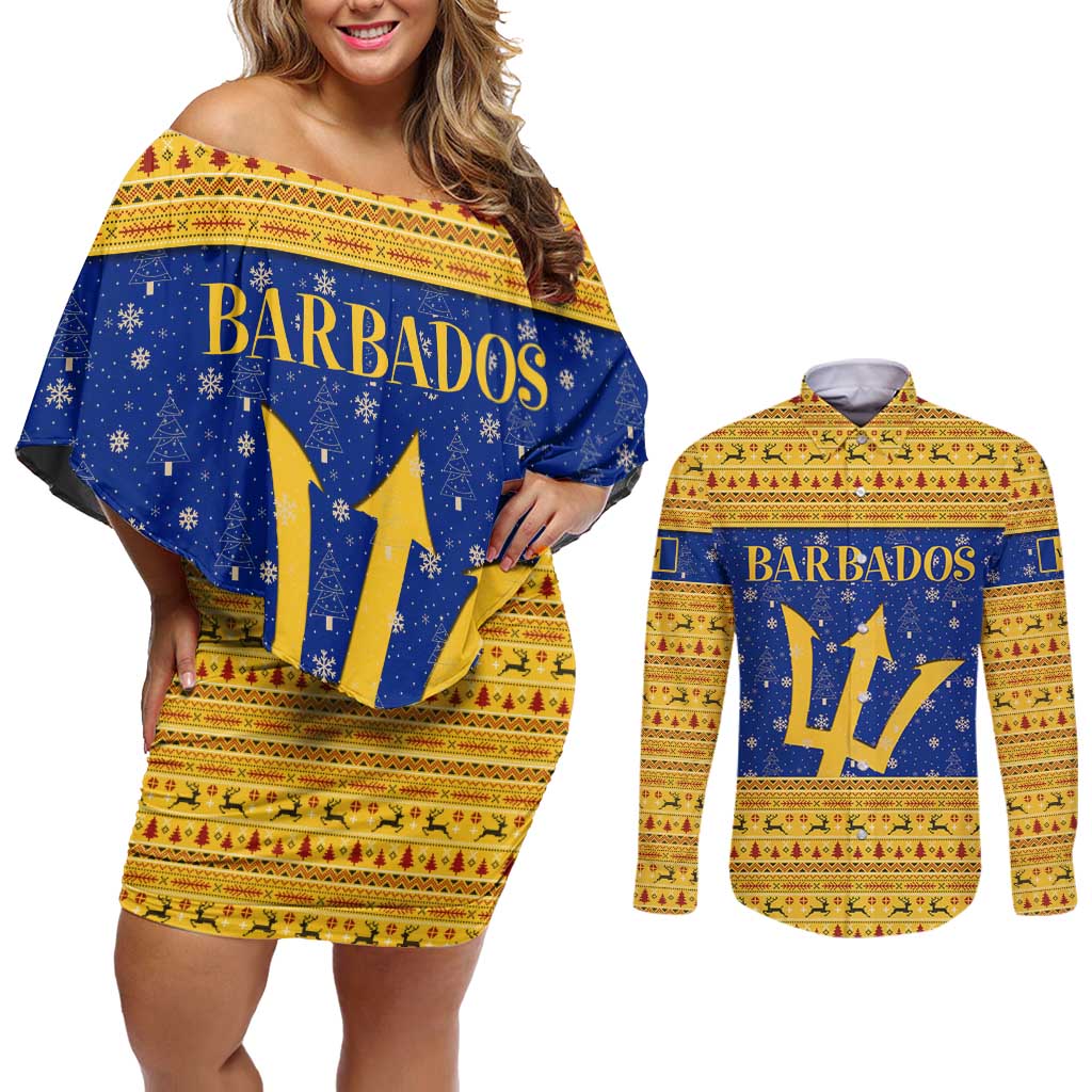 Barbados Christmas Couples Matching Off Shoulder Short Dress and Long Sleeve Button Shirt with Blue Yellow Xmas Trident Santa and Reindeer - Wonder Print Shop