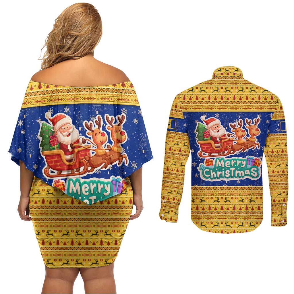 Barbados Christmas Couples Matching Off Shoulder Short Dress and Long Sleeve Button Shirt with Blue Yellow Xmas Trident Santa and Reindeer - Wonder Print Shop