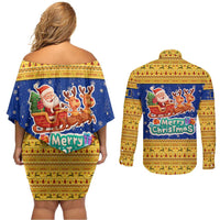 Barbados Christmas Couples Matching Off Shoulder Short Dress and Long Sleeve Button Shirt with Blue Yellow Xmas Trident Santa and Reindeer - Wonder Print Shop