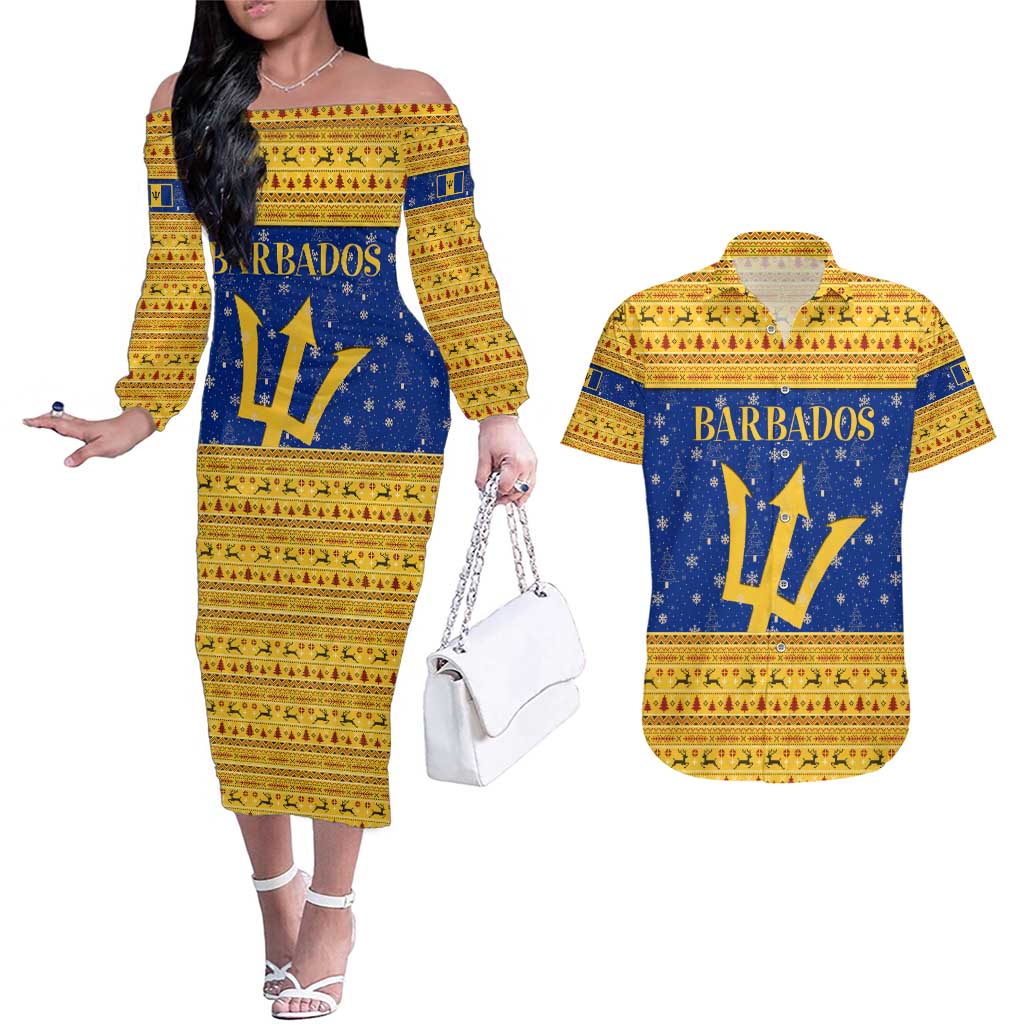 Barbados Christmas Couples Matching Off The Shoulder Long Sleeve Dress and Hawaiian Shirt with Blue Yellow Xmas Trident Santa and Reindeer - Wonder Print Shop