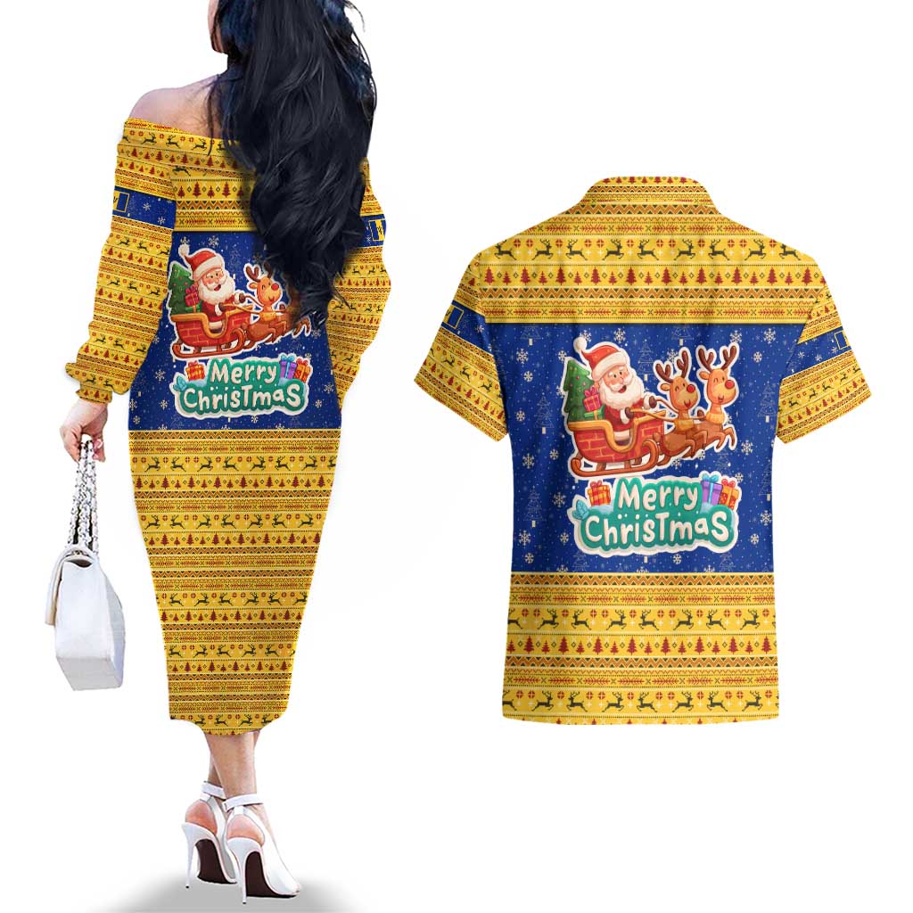 Barbados Christmas Couples Matching Off The Shoulder Long Sleeve Dress and Hawaiian Shirt with Blue Yellow Xmas Trident Santa and Reindeer - Wonder Print Shop