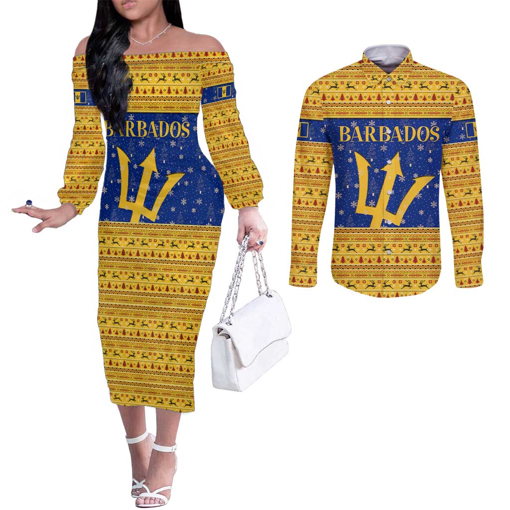 Barbados Christmas Couples Matching Off The Shoulder Long Sleeve Dress and Long Sleeve Button Shirt with Blue Yellow Xmas Trident Santa and Reindeer - Wonder Print Shop
