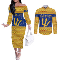 Barbados Christmas Couples Matching Off The Shoulder Long Sleeve Dress and Long Sleeve Button Shirt with Blue Yellow Xmas Trident Santa and Reindeer - Wonder Print Shop