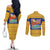 Barbados Christmas Couples Matching Off The Shoulder Long Sleeve Dress and Long Sleeve Button Shirt with Blue Yellow Xmas Trident Santa and Reindeer - Wonder Print Shop