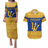 Barbados Christmas Couples Matching Puletasi and Hawaiian Shirt with Blue Yellow Xmas Trident Santa and Reindeer - Wonder Print Shop