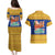 Barbados Christmas Couples Matching Puletasi and Hawaiian Shirt with Blue Yellow Xmas Trident Santa and Reindeer - Wonder Print Shop