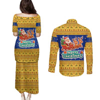 Barbados Christmas Couples Matching Puletasi and Long Sleeve Button Shirt with Blue Yellow Xmas Trident Santa and Reindeer - Wonder Print Shop