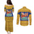 Barbados Christmas Couples Matching Puletasi and Long Sleeve Button Shirt with Blue Yellow Xmas Trident Santa and Reindeer - Wonder Print Shop