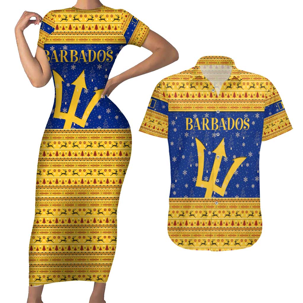 Barbados Christmas Couples Matching Short Sleeve Bodycon Dress and Hawaiian Shirt with Blue Yellow Xmas Trident Santa and Reindeer - Wonder Print Shop