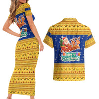 Barbados Christmas Couples Matching Short Sleeve Bodycon Dress and Hawaiian Shirt with Blue Yellow Xmas Trident Santa and Reindeer - Wonder Print Shop