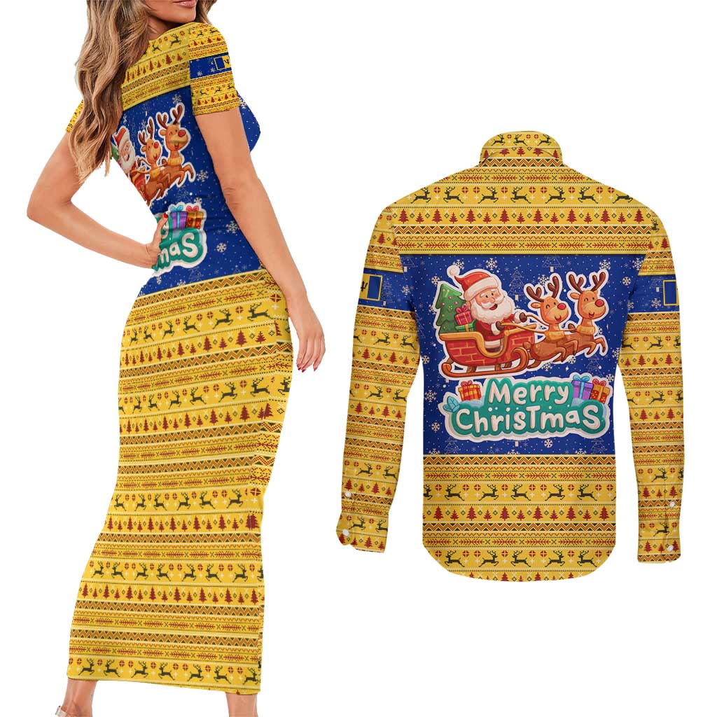 Barbados Christmas Couples Matching Short Sleeve Bodycon Dress and Long Sleeve Button Shirt with Blue Yellow Xmas Trident Santa and Reindeer - Wonder Print Shop